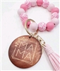 Chunky wood beaded keychain bracelet with tassel and MAMA charm - PINK