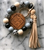 Chunky wood beaded keychain bracelet with tassel and MAMA charm - BLACK/GRAY