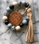 Chunky wood beaded keychain bracelet with tassel and MAMA charm - BLACK/GRAY