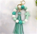 Chunky silicone beaded keychain bracelet with cross - teal/white