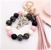 Chunky silicone beaded keychain bracelet with steer - pink/black