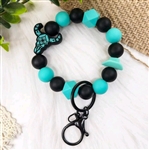 Chunky silicone beaded keychain bracelet with steer and cowboy hat - black/turquoise