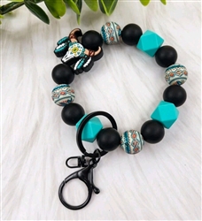 Chunky silicone beaded keychain bracelet with steer and tribal patterns - black/turquoise