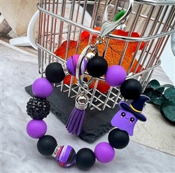 Chunky silicone beaded keychain with ghost charm in black and purple