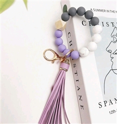 Chunky silicone beaded keychain bracelet -white/gray/lilac