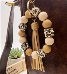 Chunky silicone beaded keychain bracelet -brown/tan