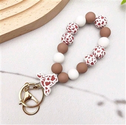 Chunky silicone beaded keychain bracelet - brown/white cow