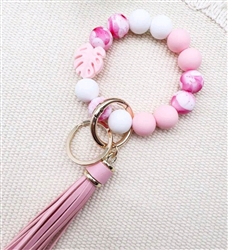 Chunky silicone beaded keychain bracelet - white/pink