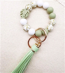 Chunky silicone beaded keychain bracelet - white/green
