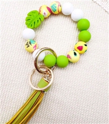Chunky silicone beaded keychain bracelet - white/neon green