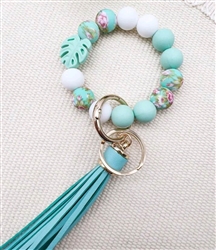 Chunky silicone beaded keychain bracelet - white/turquoise