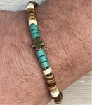 Brown and turquoise wood beads bracelet with cross