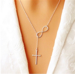 Silver infinity and cross lariat necklace
