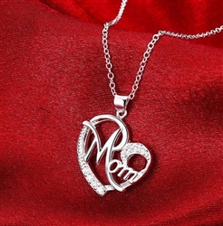 Silver mom pendant heart necklace with rhinestones