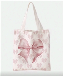White canvas tote bag with pink bows