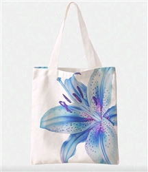 White canvas tote bag with blue lily