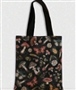 Black canvas tote bag mushroom flowers and butterflies