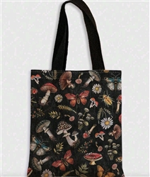 Black canvas tote bag mushroom flowers and butterflies
