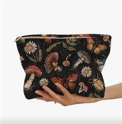 Large oversized makeup bag - black with mushrooms/flowers/bugs