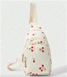 White backpack purse with cherries