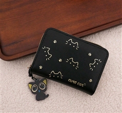 Black wallet with cat print and keychain