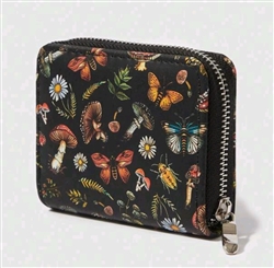 Black wallet with flowers, plants and insect print