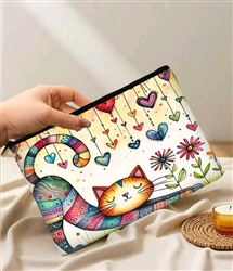 Makeup bag with colorful cat and hearts