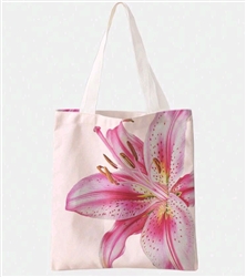 White canvas tote bag with pink lily