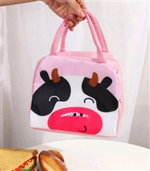 Soft pink insulated lunch bag with cow