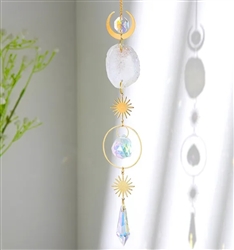 Gold sun and moon suncatcher with crystals and genuine yellow agate stone