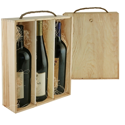 Winechest 3-Bottle Wooden Box W/ Rope Handle, Natural