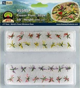 0595548 FLOWER PLANTS 3/8" tall HO-scale, Red, Pink, Yellow, Purple, 30/pk