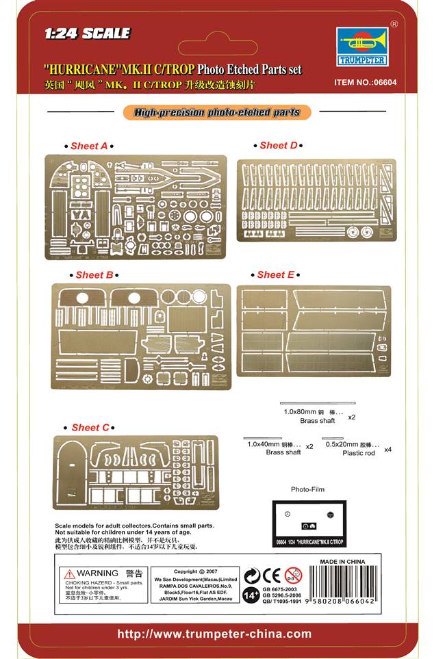 706604 1/24 Hawker Hurricane IIC Photo Etched Parts Set