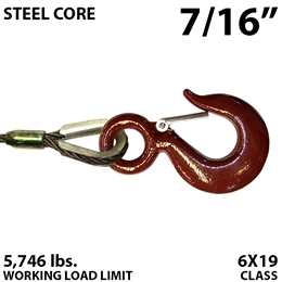 7/16" Steel Core Winch Line with Thimbled Eye and Eye Hoist Hook with Latch
