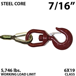 7/16" Steel Core Winch Line with Thimbled Eye and Swivel Eye Hoist Hook with Latch
