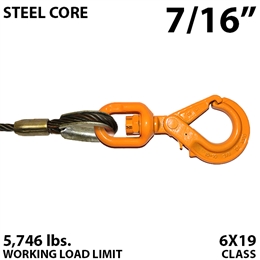 7/16" Steel Core Winch Line with Thimbled Eye and Self Locking Swivel Hook