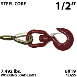 1/2" Steel Core Winch Line with Thimbled Eye and Swivel Eye Hoist Hook with Latch