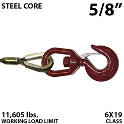 5/8" Steel Core Winch Line with Thimbled Eye and Swivel Eye Hoist Hook with Latch