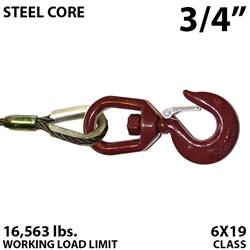 3/4" Steel Core Winch Line with Thimbled Eye and Swivel Eye Hoist Hook with Latch