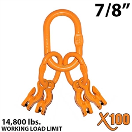 7/8" X100 Grade 100 Master Link with (4) 9/32"-5/16" Eye Grab hook with Adjuster for 4 leg sling.