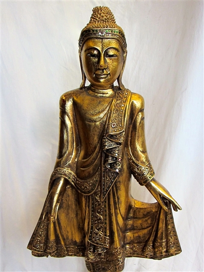 Ornate Gold Colored Teak Wood Mandalay Style Standing Buddha Statue