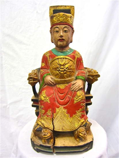 Antique Teak Wood Polychrome Chinese Emperor Statue - Circa 1920s