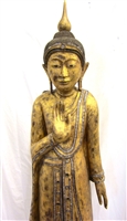 6ft Antique Burmese Mandalay Standing Buddha Statue - Gold Gilded Teak Wood ca1900