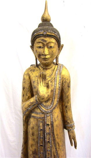 6ft Antique Burmese Mandalay Standing Buddha Statue - Gold Gilded Teak Wood ca1900