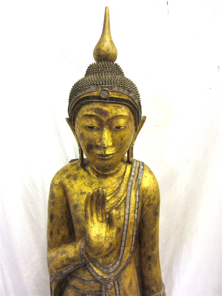 6ft Antique Burmese Mandalay Standing Buddha Statue - Gold Gilded Teak Wood  ca1900