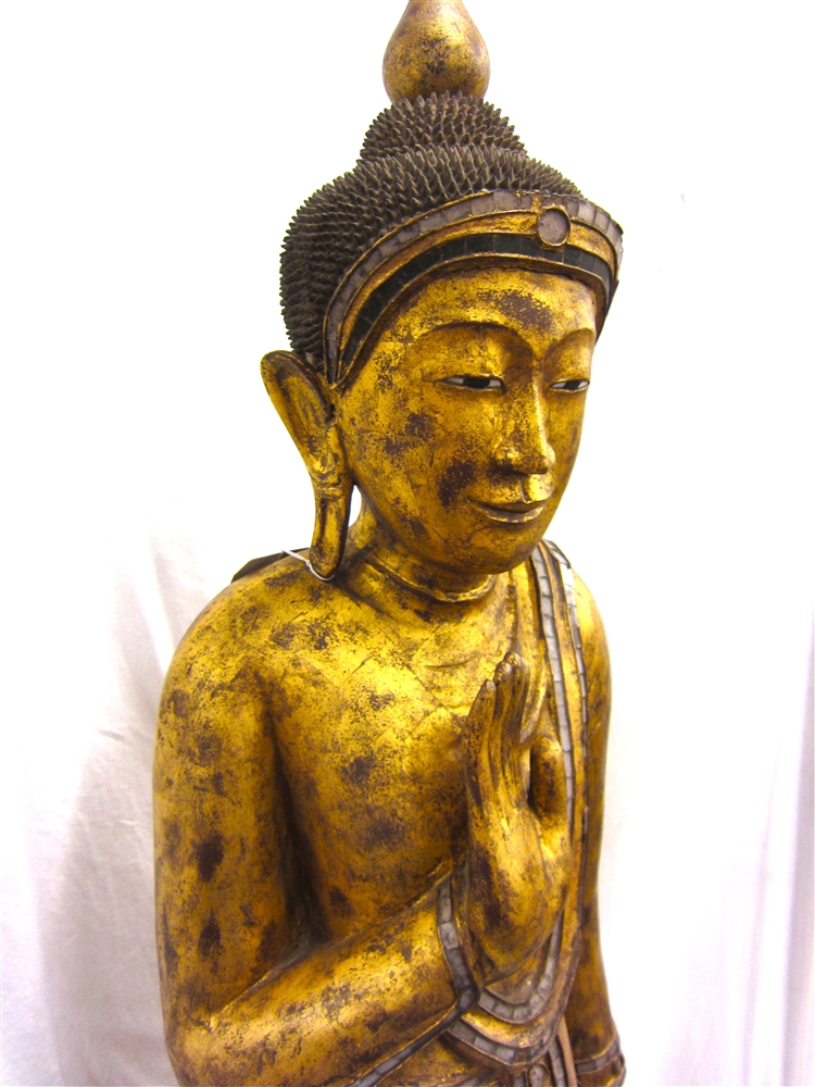 Antique ca1900 Mandalay Teak Buddha - Gold Statue Burmese Wood Standing 6ft Gilded