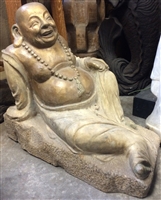 2ft Antique Reclining Ho Tai Happy Buddha Statue of Plenty Carved Granite Stone Polychrome Budai from Mid 20th Cen China