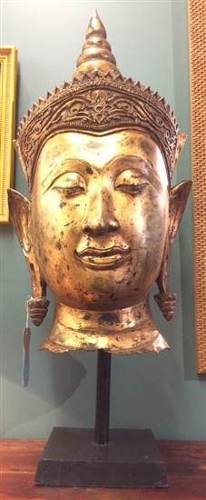 4ft Large Bronze Buddha Head Statue Lost Wax Method Vintage 20th Century Reproduction of 15th Century Thai Ayutthaya Style