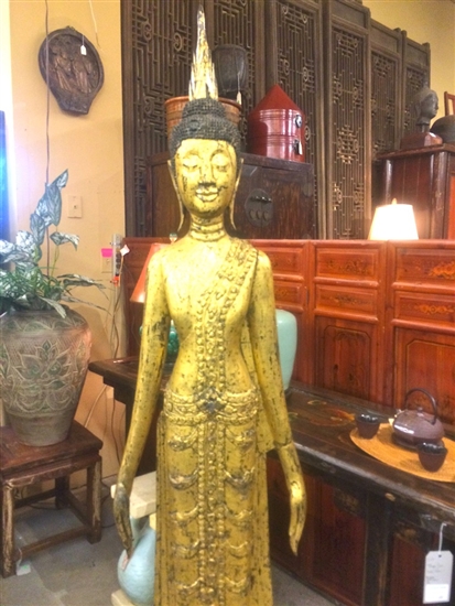 6ft Antique STANDING BUDDHA Statue Northern Laos GOLD GILDED Teak Wood