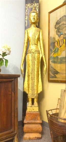 7ft Tall STANDING BUDDHA Statue Laos Teak Wood GOLD GILDED Black Lacquer